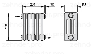 Схема (чертеж) Радиатор Zehnder Charleston 4019/5 №1670 Белый глянцевый RAL 9016